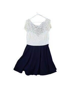 Lace & Bow Back Womens Dress Cream Lace Navy Skirt Fit And Flare 13/14